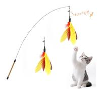 Pawaboo Feather Teaser Cat Toy, Interactive Feather Wand Cats Toy Flying Feathers Cat Catcher with Extra Long 34.5" Wand and Small Bell, Exerciser Playing Toys for Kitten or cats, Yellow + Red Brown
