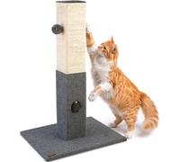 PAWBEE Cat Scratching Post - 32” Tall Cat Scratcher with Softball & Jingle Bell Toy - Covered with Natural Sisal Rope - Square Cat Tower for Large and Small Cats