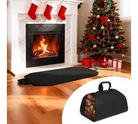 PAWBOSE Firewood Carrier Firewood Bag and Fireproof Fireplace Mat Hearth Rug, Great Gift for Cabin, Large Fire Wood Sling Carrier with Handles, Protect Floors Carpets from Sparks Embers-Black