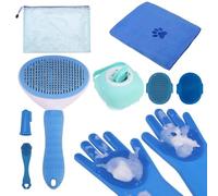 PAWCHIE Bath Grooming Kit for Pets, 9 PCS Hair Brush Set with Towel,Washing Gloves,Bath Brush and Adjustable Handle Shampoo Brush & Scrubber for Short Long Haired Dogs and Cats,Dog Bath Supplies,Blue