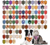 PAWCHIE Holiday Dog Bandanas 100 Packs, Bulk Pet Bibs Colorful Pet Triangle Scarf Pet Bandanas Plaid Festival Style for Small to Large Dogs Puppies Cats, Halloween & Thanksgiving & Christmas