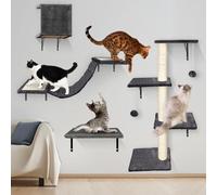 Pawchop Cat Climbing Frame Set, 4 in 1 Stable Cat Wall Furniture Set, Cat Tree for Indoor, Cats Wall Shelves with Cats Scratching Posts, 4 Steps Kitten Ladder, Play Towers, Shelf and House - Grey