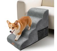 Pawchop Dog Steps for Bed, 4-Step Dog Steps for Sofa, Pet Ramp with Washable Cover, High Density Foam Dogs Stairs for Small Dogs, Older Cats, Dogs Ramp for Sofa, Grey, 73x40x50cm