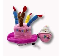 Pawcratean Birthday Cake Plush Dog Toy and Party Hat Set, Pink, Squeaky Pet Celebration Gift (Pink)