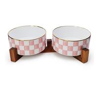Pawdoer Ceramic Checkered Dog Bowls for Medium Dogs | 3.5 Cups Dog Food and Water Bowl Set with Acacia Wood Stand, Non-Slip Anti-Tip Weighted Feeding Station, Pink and White