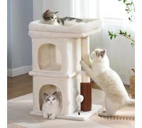 Pawfessor Cat Tree with Large Top Bed 17.7x15.7” Small Cat Tower with Dual Condos,28” Fully Scratching Post and Self Groomer for Indoor Cats-Beige