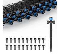 Pawfly 60 Pcs Push-to-Fit Drip Irrigation Emitters for 0.64 CM Tubing, Two-Way Connection Irrigation Drippers with Adjustable 360 Degree Water Flow, Drip Emitters Sprayers with Stake & End Plugs