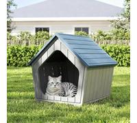 PawHaven Indoor & Outdoor Cat House Weather-Resistant Plastic Cat Shelter with Ventilation Vents, Scratch-Resistant House-Shaped Pet House, Easy Assembly, Grey & Blue