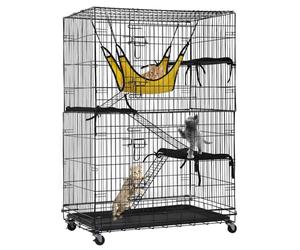 PawHaven Large 3 Tier Foldable Cat Cage with Hammock, Cushioned Platforms, Climbing Ladder & Lockable Wheels, Heavy Duty Wire Pet Playpen with Removable Tray for Cats, Rabbits, Ferrets & Small Animals