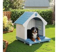 PawHaven Large Plastic Dog House, Elevated Raised Floor Dog Kennel with Sloped Tile Roof, Side Vent Window & Front Step, Indoor Outdoor House-shaped Pet Shelter