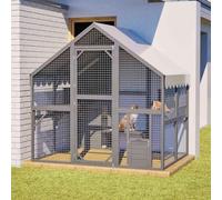 PawHaven Outdoor Wooden Cat house with Weatherproof Asphalt Roof, Grey | Walk-In Front Door, Multi-Level Activity, 188 × 140 × 188cm, Fir Wood & Wire Mesh, Climbing Ramp Included