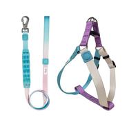 Pawhuggies Tri-Color Dog Harness and Purple Pink Gradient Shock Absorbing Dog Leashes Set Step-In Freedom Dog Vest, Strong Padded Handle to Stop Pulling, for Large Dogs
