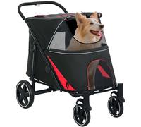 PawHut 1-Click Foldable Doggy Stroller for Medium Large Dogs, Pet Stroller with Storage, Smooth Ride with Shock Absorption, Mesh Window, Safety Leash, Black