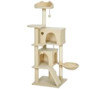 PawHut 140cm Large Cat Tree Tower with Sisal Scratching Posts, Condos, Plush Perches, Hammock, Ladder, Beige