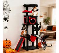 PawHut Gothic Cat Tree, 152 cm Multi-Level Cat Tower for Indoor Large Kittens with 1 Coffin Bed, 1 Hammock, 1 Condo, 2 Perches, Sisal Scratching Posts, 1 Scratching Ramp, Toy Ball, Black, Halloween