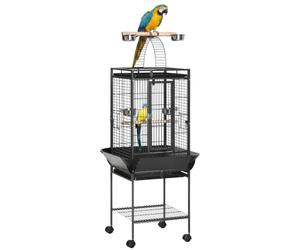 PawHut 156cm Bird Cage,Large Parrot Cage with Open Play Top, Perch, Seed Guard, Wheels, Storage Shelf for Budgie, Cockatiel, Conure, Lovebird, Dark Grey
