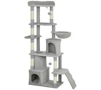 PawHut 170 cm Large Cat Tree, Cat Tower with 7 Scratching Posts, Tunnel, 2 Condos, Hammock, Perch, Ramp, Pompoms, Light Grey