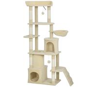 PawHut 170 cm Large Cat Tree, Cat Tower with 7 Scratching Posts, Tunnel, 2 Condos, Hammock, Perch, Ramp, Pompoms, Beige