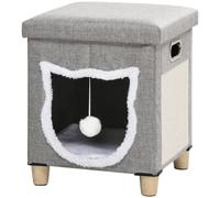 PawHut Cat Ottoman Bed 2-in-1, Cosy Cave with Cushion, Scratcher, Handles, Anti-Slip, Toy Ball, Grey Aosom UK