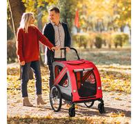 PawHut 2-In-1 Dog Bike Trailer Pet Stroller with Universal Wheel Reflector Flag Red