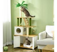 Pawhut 2 In 1 Green Leaf Cat Tree With Hidden Litter Box, House, Indoor Use, Oak In Brown Brown