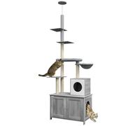 PawHut 2-in-1 Hidden Litter Box with Floor-To-Ceiling Cat Tree - Indoor - Grey | TJ Hughes