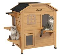 PawHut Wooden Cat House Condos Cat Cave Pet Shelter 2 Floor Villa Outdoor Furniture Natural Wood Finish Aosom UK