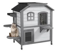 PawHut 2-story Cat House Outdoor, Weatherproof Wooden Cat Enclosure for Feral Cats with Escape Door, Openable Roof, Jumping Platforms, White