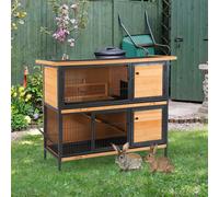 PawHut 2-Story Wooden Metal Rabbit Hutch Bunny Cage w/ Ramp Feeding Trough