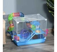 Pawhut 2 Tier Hamster Cage, Gerbil Cage with Handle, Exercise Wheels, Tunnel, Tube, Water Bottle, Dishes, Ladder, for Dwarf, Blue