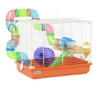 PawHut 2 Tier Hamster Cage, Gerbil Cage with Handle, Exercise Wheels, Tunnel, Water Bottle, Dishes, Ladder, for Dwarf