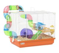 Pawhut 2 Tier Hamster Cage, Gerbil Cage with Handle, Exercise Wheels, Tunnel, Water Bottle, Dishes, Ladder, for Dwarf Hamster, Orange