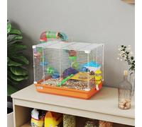 Pawhut 2 Tier Hamster Cage, Gerbil Cage with Handle, Exercise Wheels, Tunnel, Water Bottle, Dishes, Ladder, for Dwarf Hamster, Orange