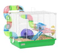 Pawhut 2 Tier Hamster Cage with Handle for Dwarf Hamster, Green | Gerbil Cage, Exercise Wheels, Tunnel, Water Bottle, Dishes, Ladder
