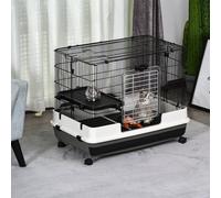 PawHut 2 Tier Rolling Small Animal Rabbit Cage Chinchillas Hutch Pet Play House with Platform Ramp Removable Tray 80 x 52.7 x 66 cm