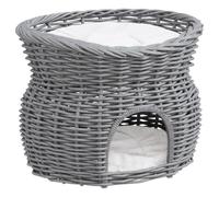 PawHut 2-Tier Wicker Cat House Elevated Pet Bed Basket 56x37x40cm Grey | Willow Kitten Tower, Pet Den, Cozy Cave, Washable Cushions