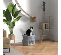 PawHut 2-Tier Wicker Cat House Elevated Pet Bed Basket Willow Kitten Tower Pet Den. Cozy Cave with Washable Cushions 56x37x40cm Grey