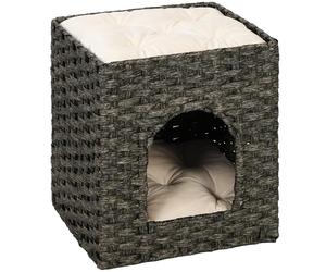 PawHut 2-Tier Wicker Cat House, Handwoven Rattan Cat Bed with Washable Cushions, Indoor Kitten Condo Hideaway, 43 x 40 x 49 cm, Grey
