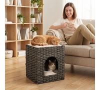 PawHut 2-Tier Wicker Cat House, Rattan Cat Bed with Washable Cushions