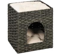 PawHut 2-Tier Wicker Cat House Washable Cushions 43 x 40 x 49 cm Grey