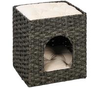 PawHut 2-Tier Wicker Cat House Washable Cushions 43 x 40 x 49 cm Grey | Handwoven Rattan Cat Bed, Indoor Kitten Condo Hideaway
