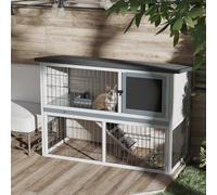 PawHut 2-Tier Wooden Rabbit Hutch Guinea Pig House Bunny Cage Backyard w/ Ramp Outdoor Run Built-in Tray Openable Roof Small Animal House Grey