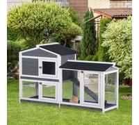 PawHut 2-Tier Wooden Rabbit Hutch Guinea Pig House Pet Cage Outdoor w/ Tray Ramp, Grey