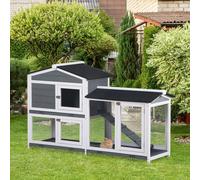 PawHut Rabbit Hutch Guinea Pig Hutch Wooden House with Run, 2 Tier Pet Cage Outdoor with No-leak Plastic Trays, 157.4 x 53 x 93.5cm, Grey