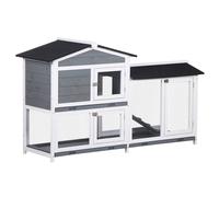 PawHut Rabbit Hutch Guinea Pig Hutch Wooden House with Run, 2 Tier Pet Cage Outdoor with No-leak Plastic Trays, 157.4 x 53 x 93.5cm, Grey