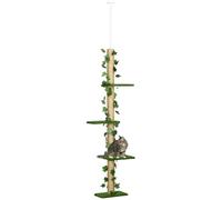 PawHut 202-242cm Floor to Ceiling Cat Tree with Leaves, 4-Level Green | Height Adjustable Cat Climbing Tower, Scratching Post, Anti-Slip Kit, Indoor Kittens Resting, Playing