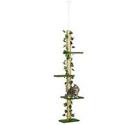 PawHut 202-242cm Floor to Ceiling Cat Tree with Leaves, 4-Level Height Adjustable Cat Climbing Tower with Scratching Post, Anti-Slip Kit for Indoor Kittens Resting, Playing - Green