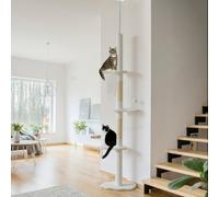 PawHut Floor to Ceiling Cat Tree, 225-255 cm Adjustable Cat Climbing Tower with 3 Cloud Perches, Sisal Scratching Posts, 2 Hanging Play Balls and Anti-Tip Strap, Beige