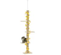 PawHut 242cm Floor to Ceiling Cat Tree for Indoor Cats with Leaves, Height Adjustable Cat Climbing Tower with Scratching Post, Anti-Slip Kit - Yellow