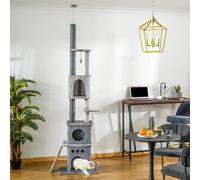 PawHut 255cm Floor To Ceiling Cat Tree for Indoor Cats Climber Scratching Post Adjustable Height Play Tower Removable Cover Grey